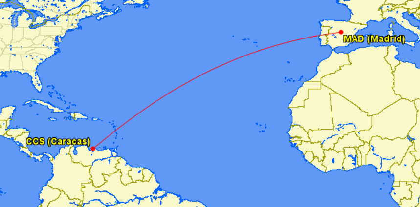 Ruta de vuelo de Madrid a Caracas