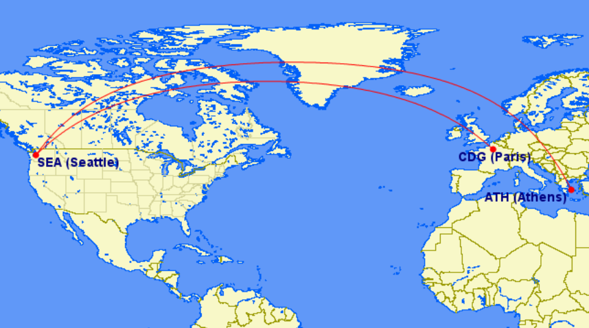 Ruta de vuelo desde Seattle a Atenas y París