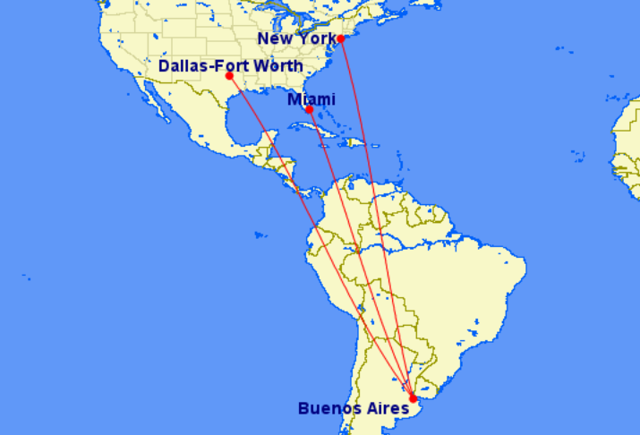 Rutas de Buenos Aires a Miami, Dallas y Nueva York