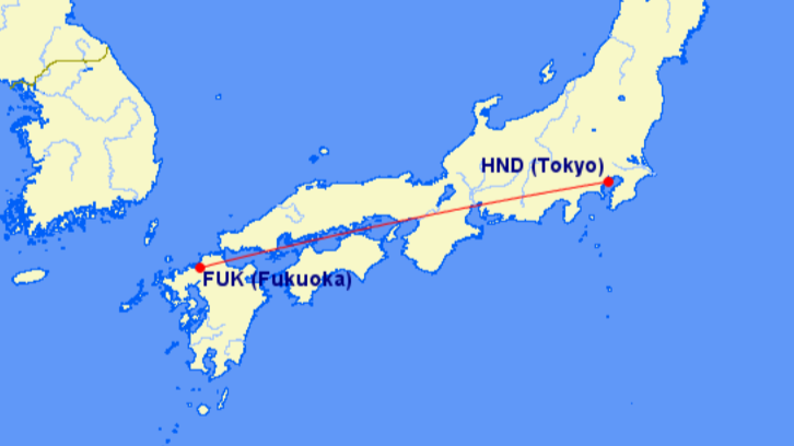Ruta de vuelo de Tokio a Fukuoka