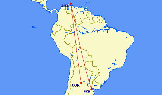 Ruta desde Ezeiza y Córdoba a Aruba