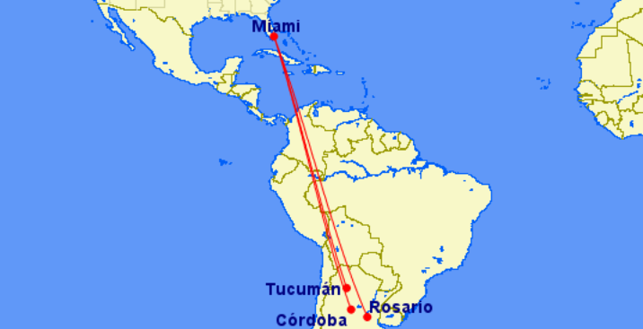 Rutas desde Tucumán, Córdoba y Rosario a Miami