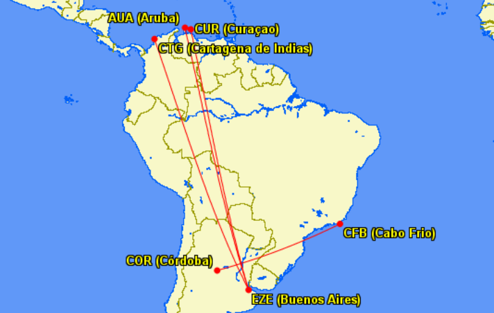 Ruta de vuelos de Aerolíneas Argentinas a Curazao, Cartagena y Cabo Frío