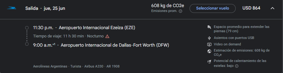 Precio vuelo de Buenos Aires a Dallas con Aerolíneas Argentinas
