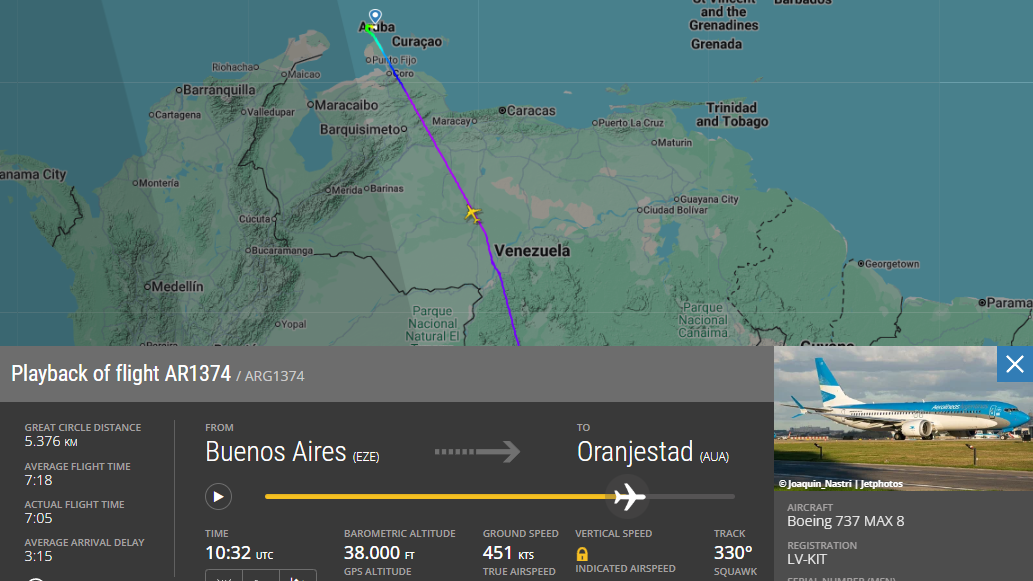Avión de Aerolíneas Argentinas vuelve a volar sobre Venezuela