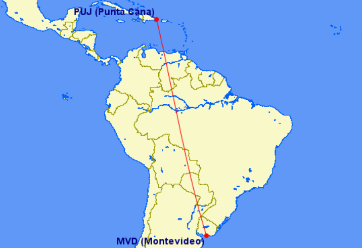 Ruta entre Punta Cana y Montevideo