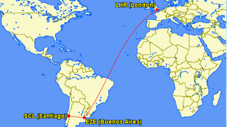 Ruta de vuelo de Londres a Buenos Aires-Santiago de Chile
