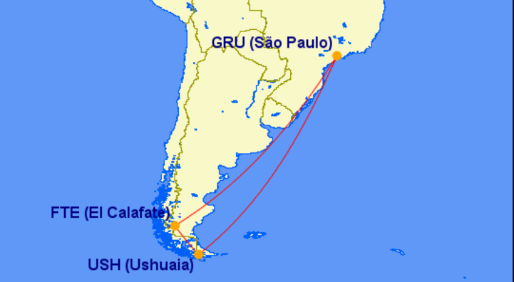 Ruta del vuelo San Pablo-El Calafate-Ushuaia-San pablo