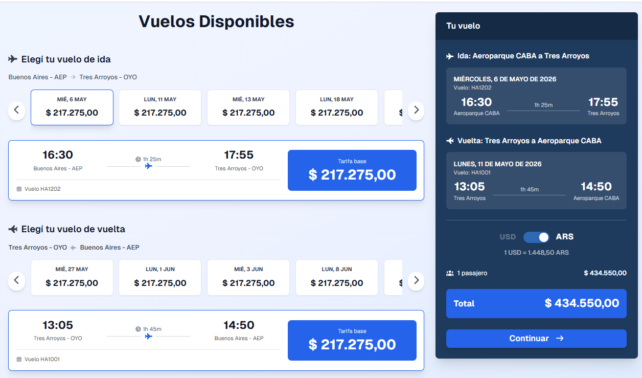 Humming Airways comienza a operar los vuelos directos de Buenos Aires a Tres Arroyos