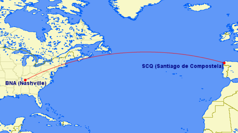 Ruta entre Santiago de Compostela y Nashville