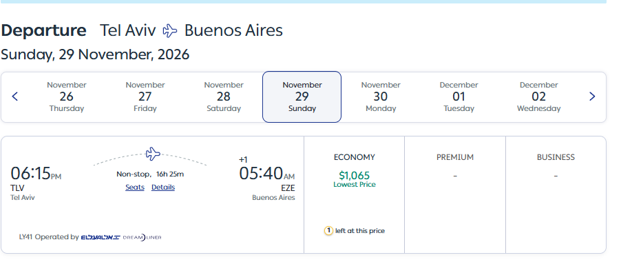 Precio vuelo inaugural entre Tel Aviv y Buenos Aires