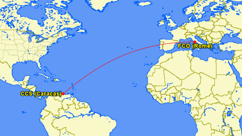 Ruta de vuelo de Roma a Caracas