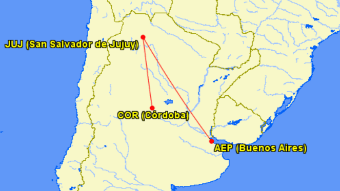 Ruta de vuelo entre Jujuy y Buenos Aires y Córdoba
