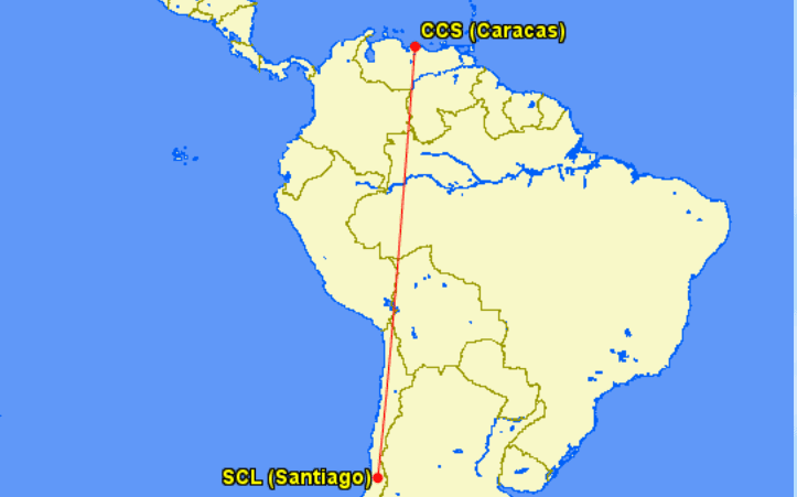 Ruta de vuelo de Santiago de Chile a Caracas