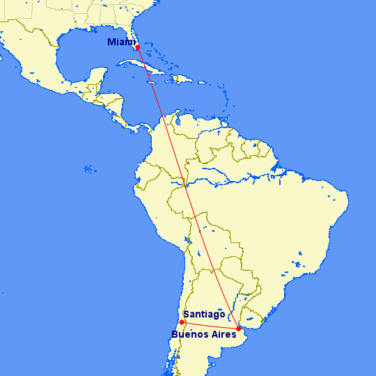 Ruta entre Santiago de Chile-Buenos Aires-Miami
