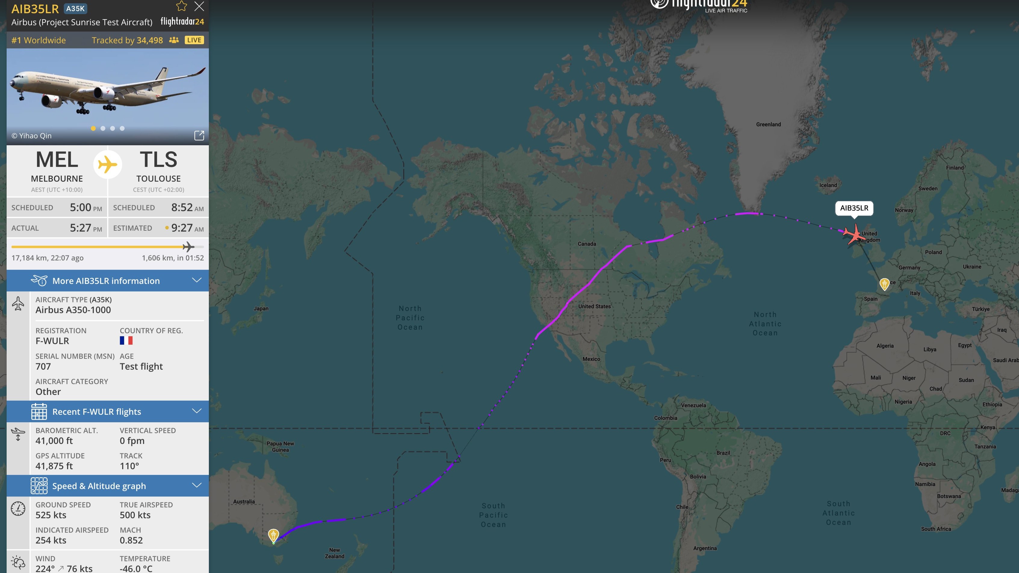Vuelo del A350-1000ULR de Melbourne a Toulouse