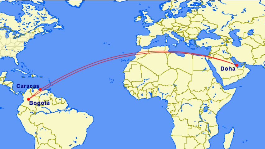 Ruta de Doha a Bogotá y Caracas