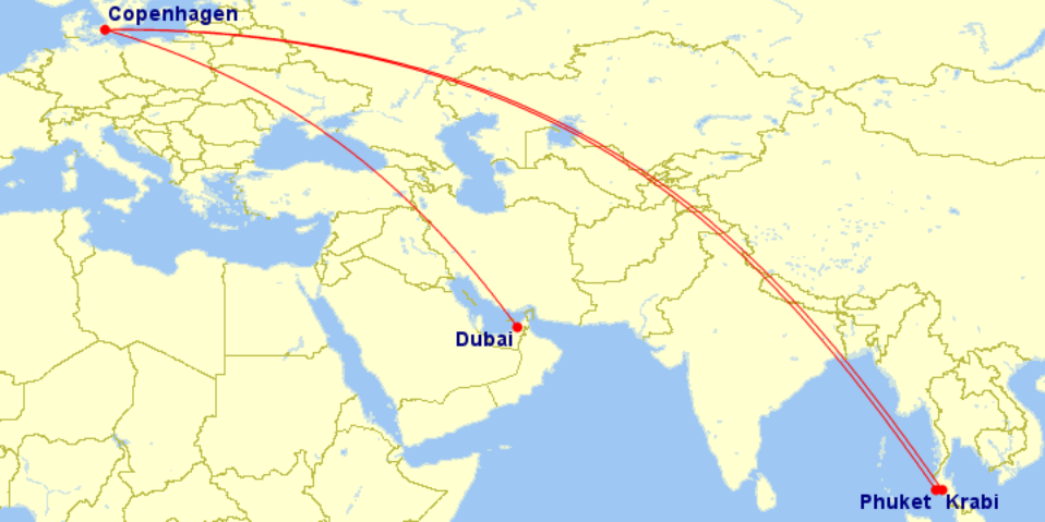 Rutas de Copenhague a Tailandia y Dubai