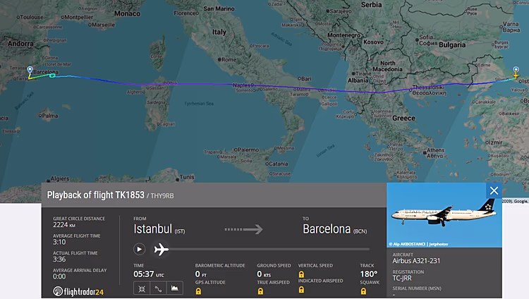 Ruta del avión Turkish Airlines con amenaza de bomba