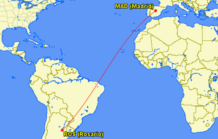 Ruta de vuelo entre Madrid y Rosario