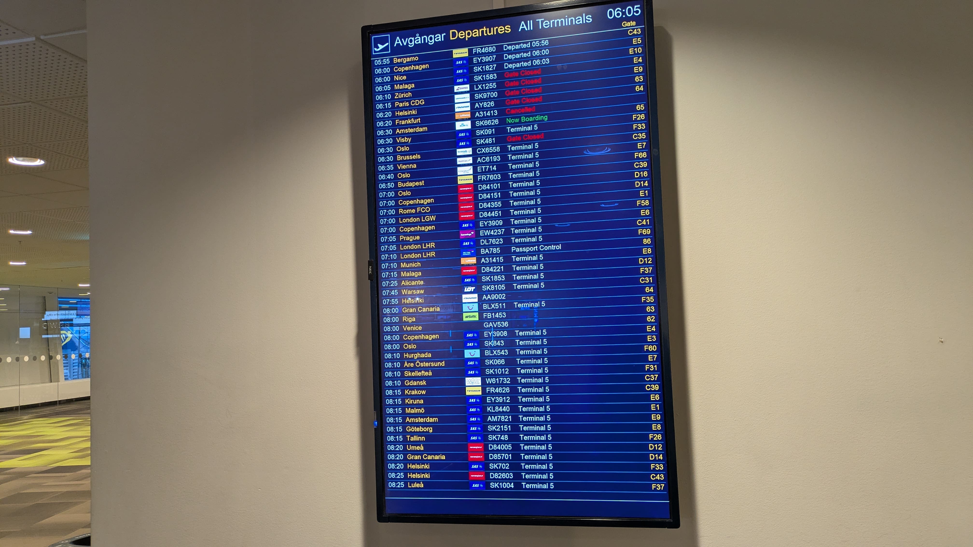 Pantalla aviones Aeropuerto de Arlanda