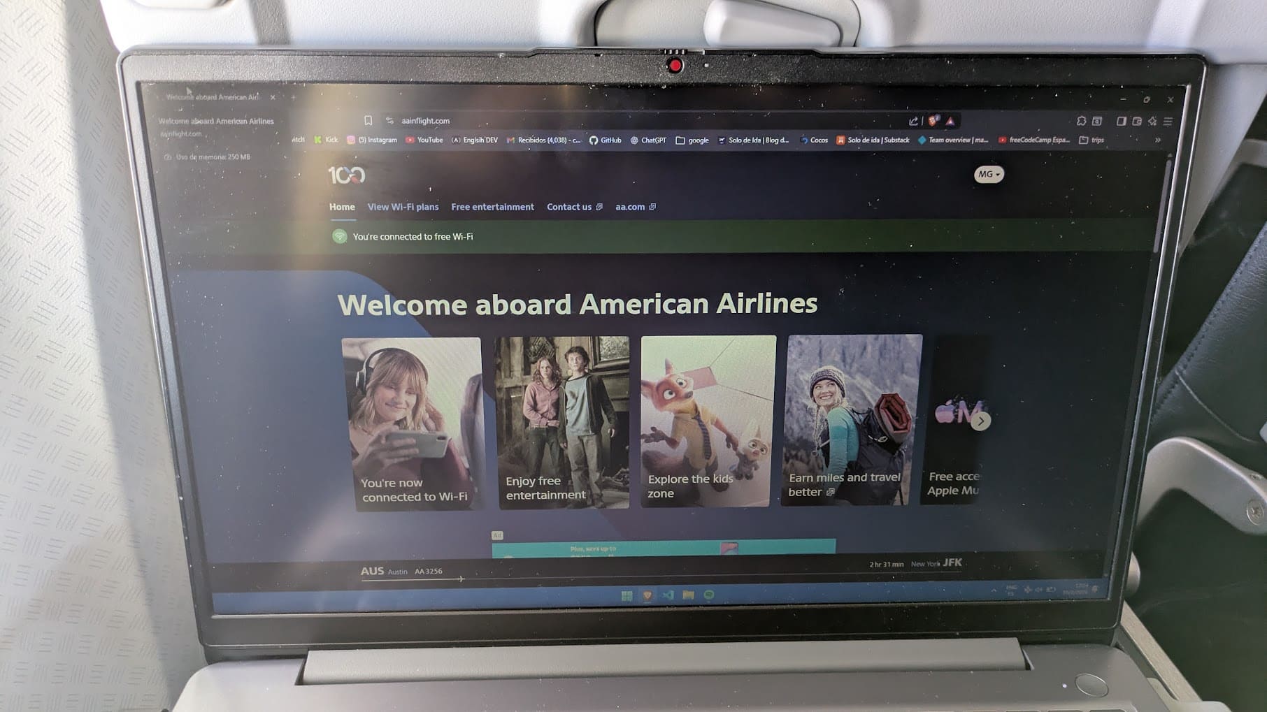 Conexión a internet y entretenimiento de American Airlines