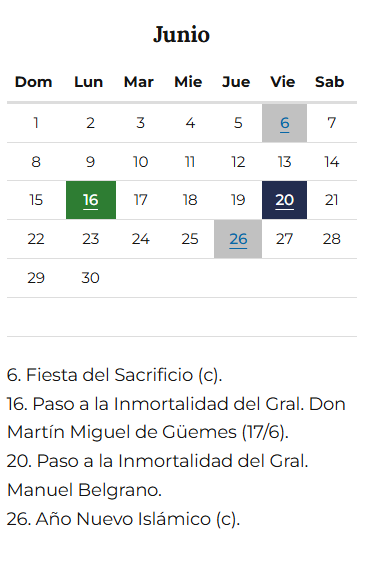 Calendario de Feriados de Junio en Argentina