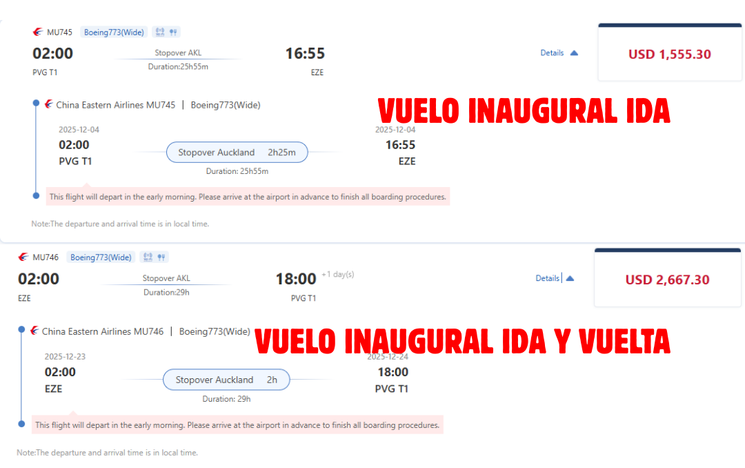 Precios para el vuelo inaugural de China a Argentina