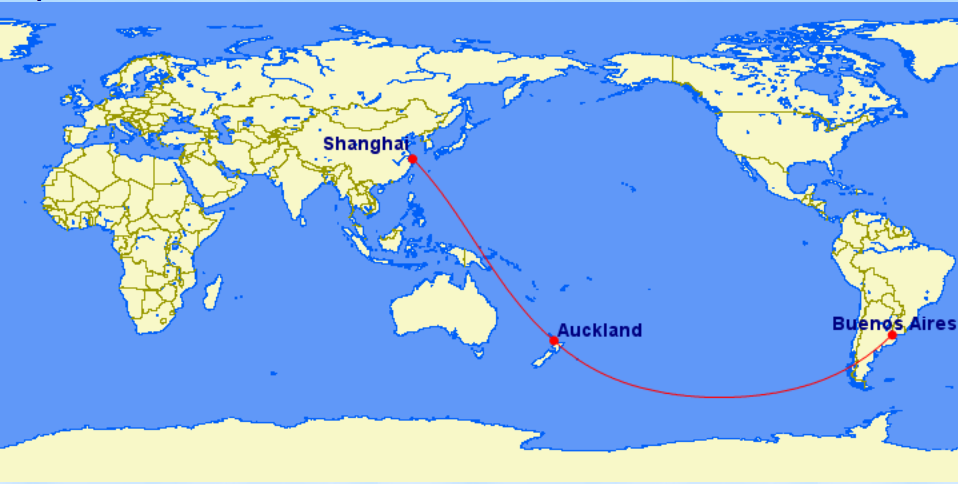 Ruta de vuelo Shanghai-Auckland-Buenos Aires